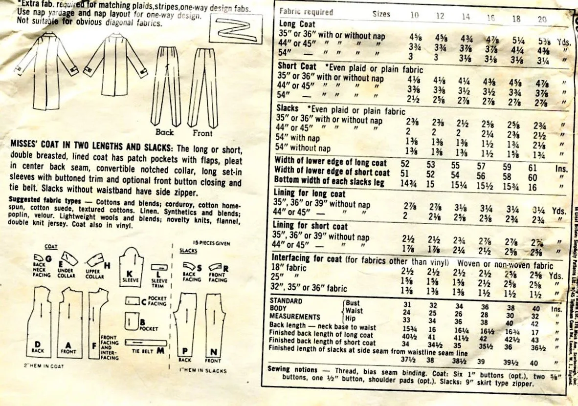 MOD 60s Simplicity 6682 Pattern Coat in Two Lengths and Slim Pants Slacks Bust 31 Vintage Sewing Pattern UNCUT