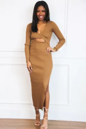 Modern Fall Cutout Ribbed Sweater Midi Dress: Mocha