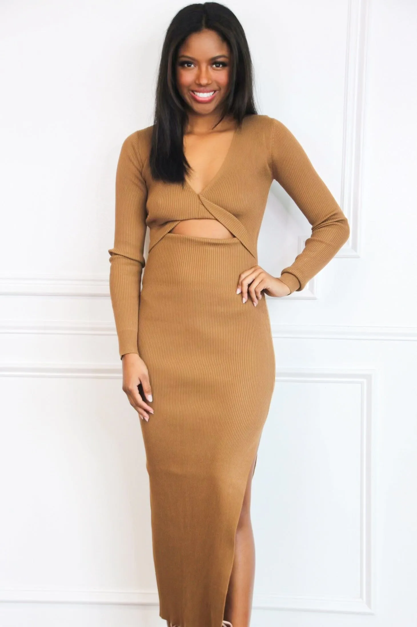 Modern Fall Cutout Ribbed Sweater Midi Dress: Mocha