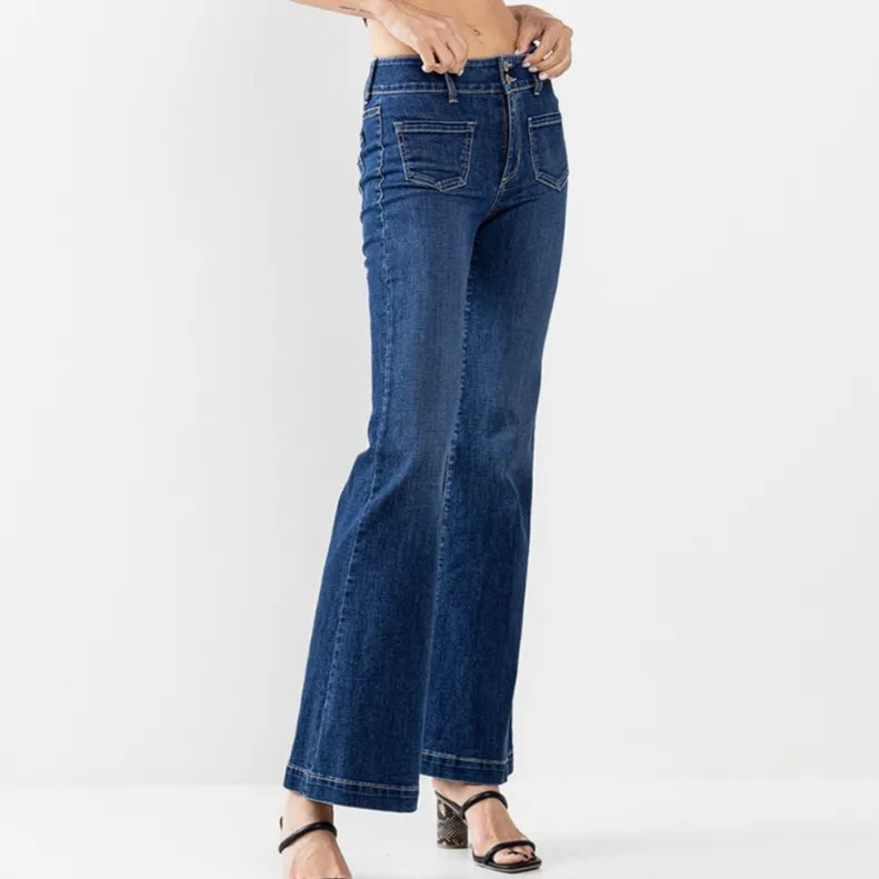 Morgan Double Button Front Pocket Mid Rise Flare Jeans