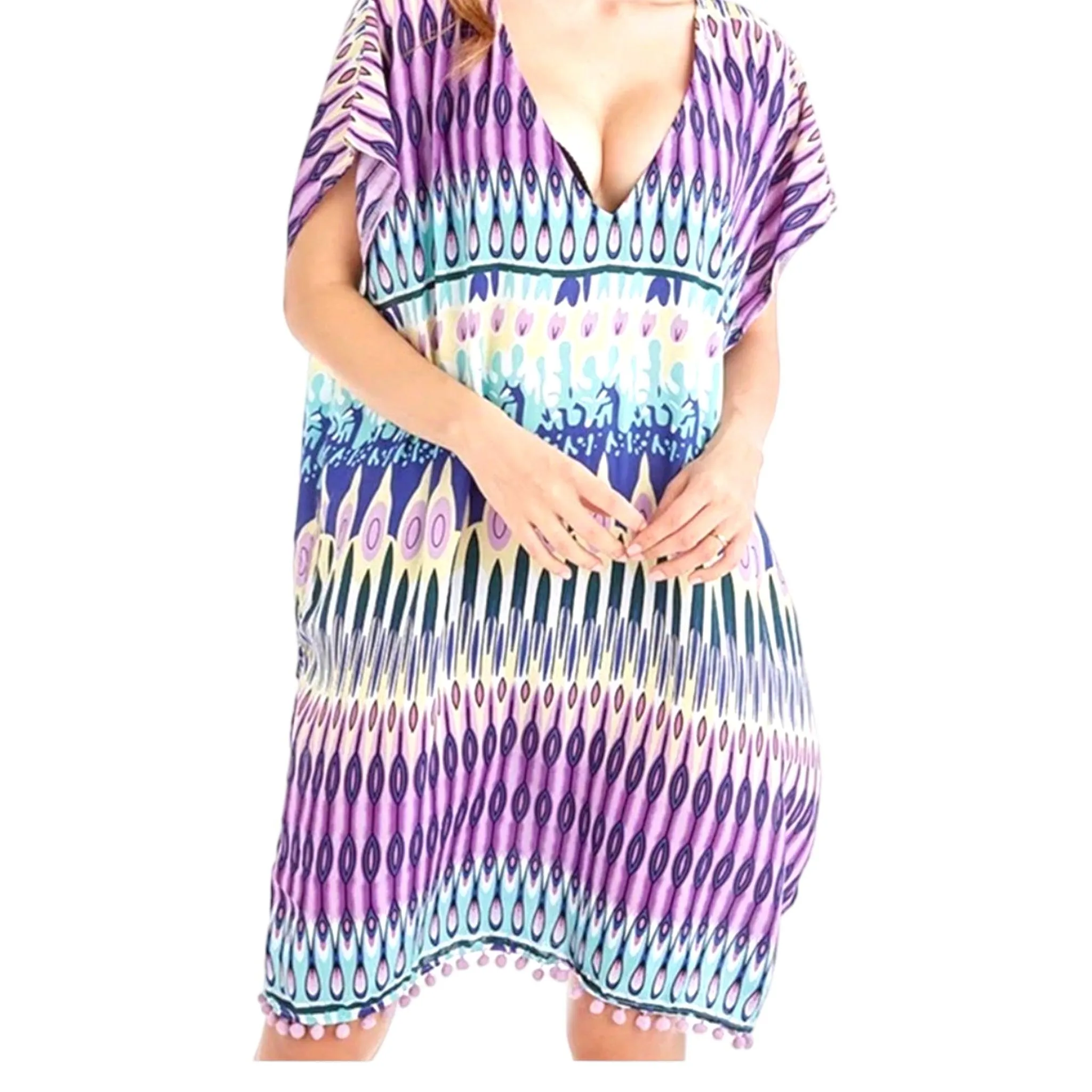 Multicolored Pom Pom Trim V-Neck Cover-Up