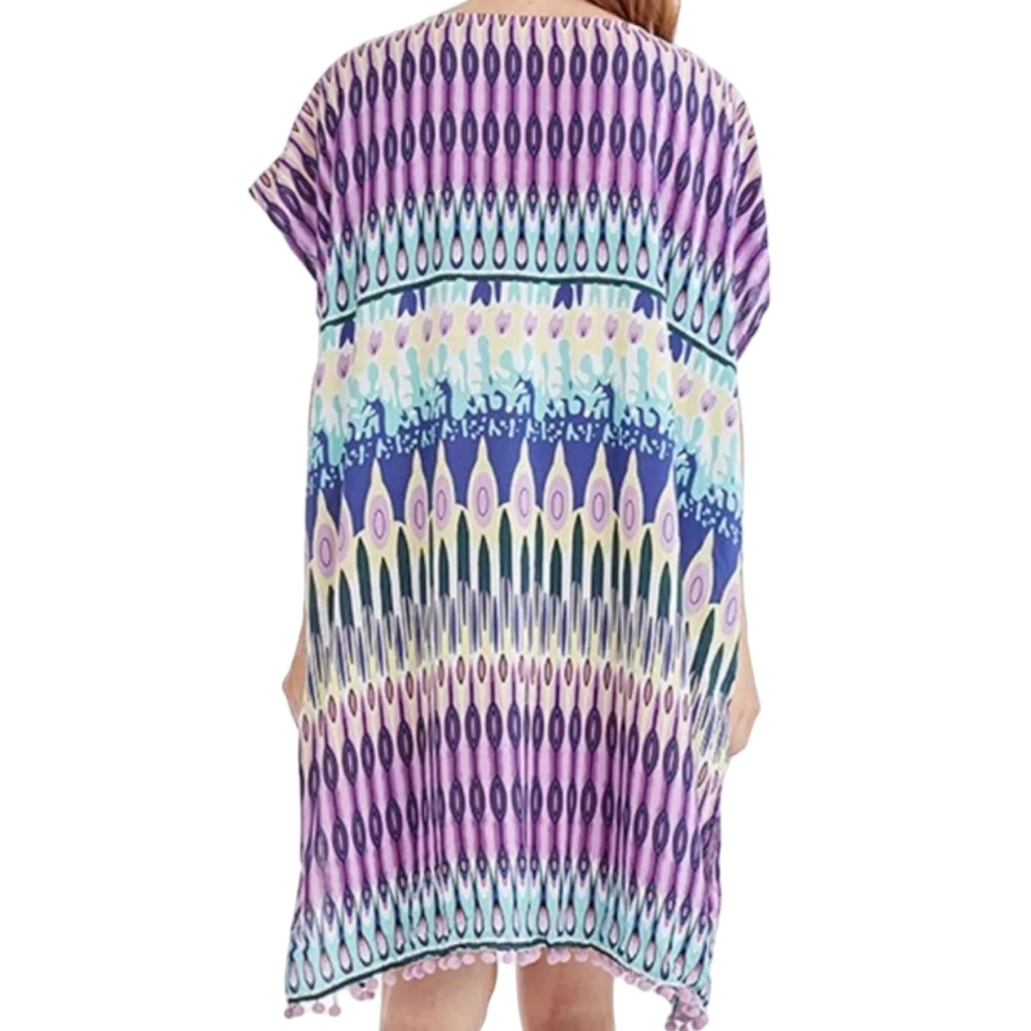 Multicolored Pom Pom Trim V-Neck Cover-Up