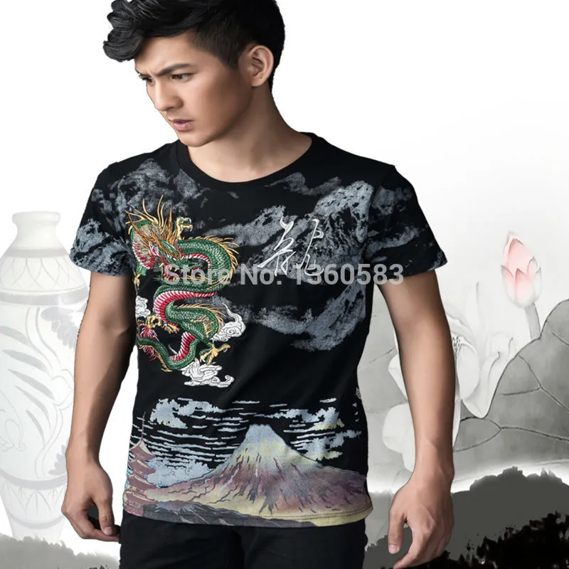 New Arrival Chinese Style 2016 Embroidery Dragon t shirt  Men's Round Neck Cotton, Shirts Men Black White Plus Size Shirt