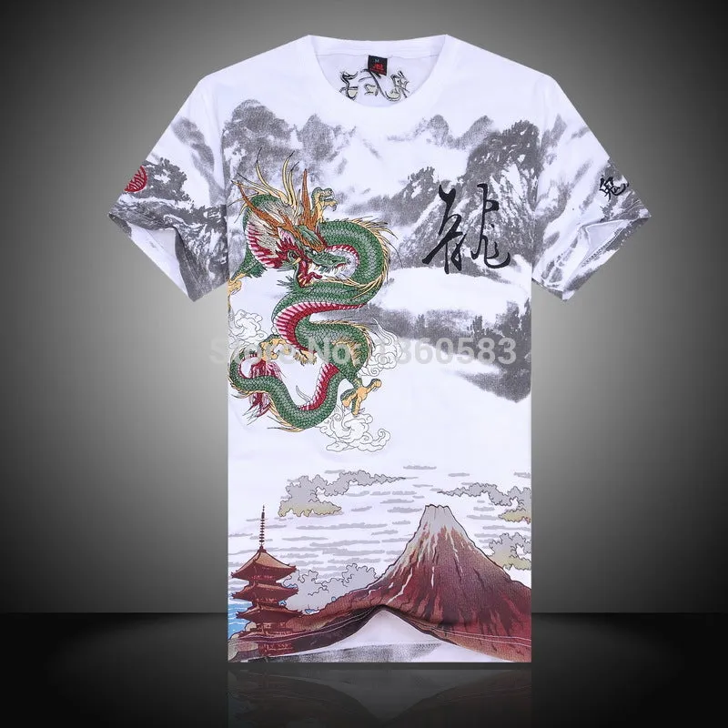 New Arrival Chinese Style 2016 Embroidery Dragon t shirt  Men's Round Neck Cotton, Shirts Men Black White Plus Size Shirt