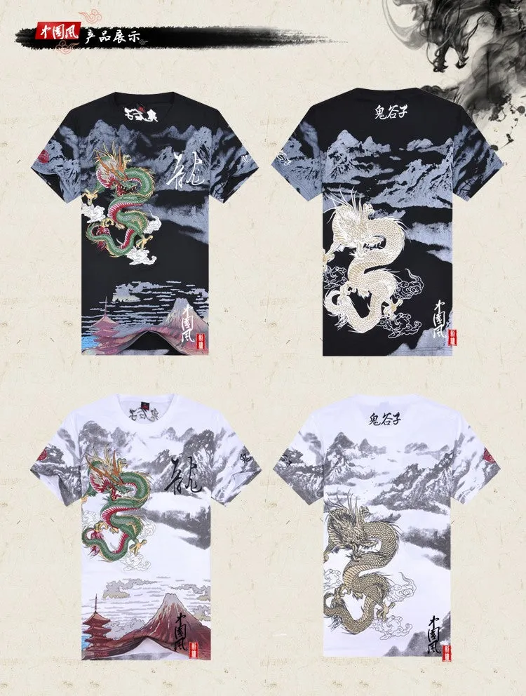 New Arrival Chinese Style 2016 Embroidery Dragon t shirt  Men's Round Neck Cotton, Shirts Men Black White Plus Size Shirt