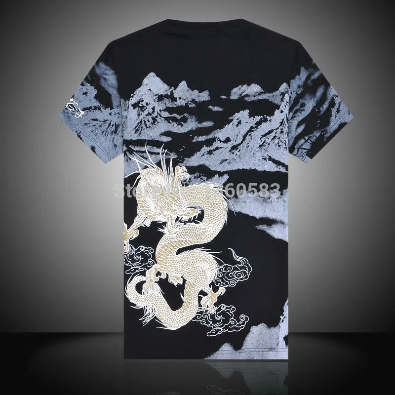 New Arrival Chinese Style 2016 Embroidery Dragon t shirt  Men's Round Neck Cotton, Shirts Men Black White Plus Size Shirt