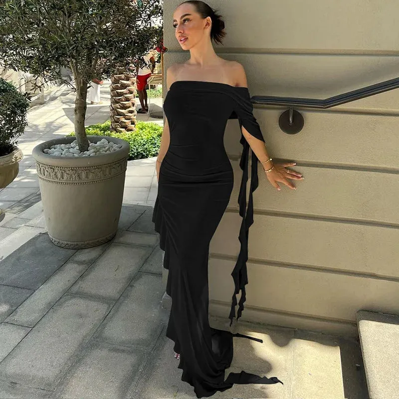 One Shoulder Ruffle Irregular Party Evening Birthday Elegant Outfits 2024 Summer Maxi Dress