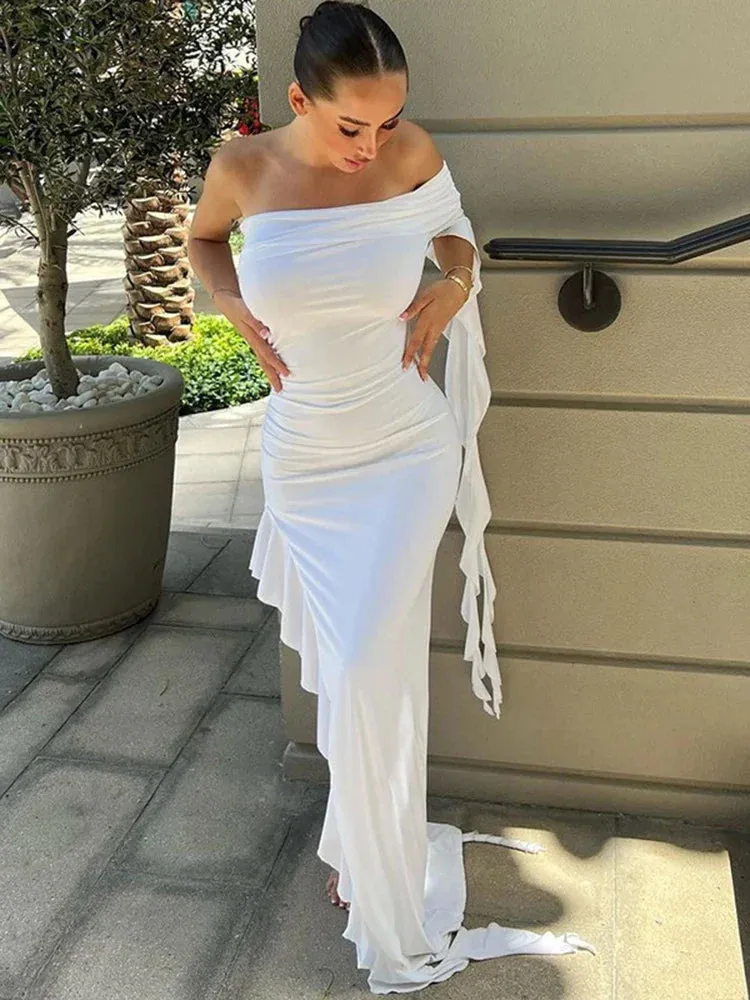 One Shoulder Ruffle Irregular Party Evening Birthday Elegant Outfits 2024 Summer Maxi Dress