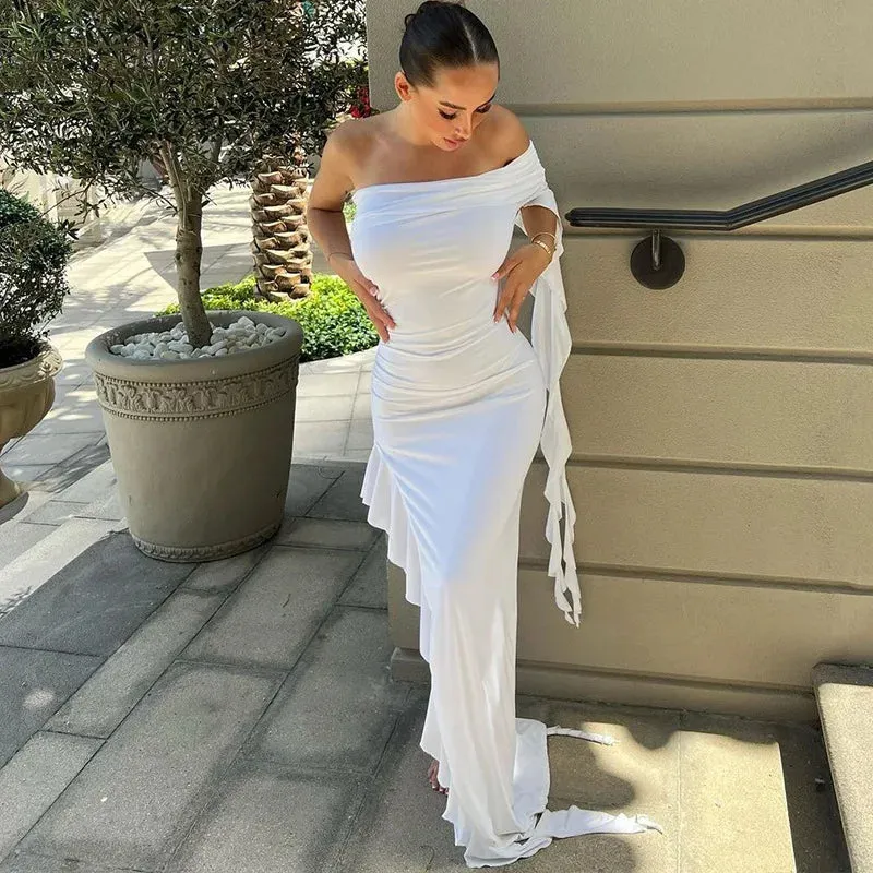 One Shoulder Ruffle Irregular Party Evening Birthday Elegant Outfits 2024 Summer Maxi Dress