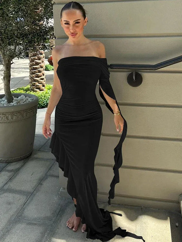 One Shoulder Ruffle Irregular Party Evening Birthday Elegant Outfits 2024 Summer Maxi Dress