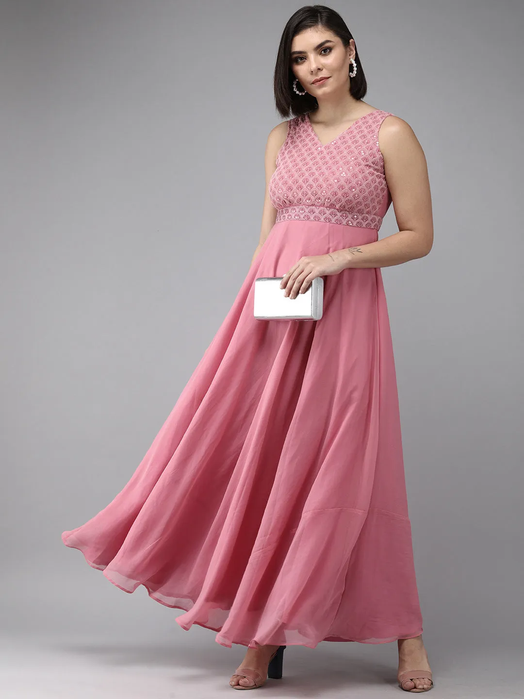 Onion Pink Geogette Sequence Embellished Maxi Dress