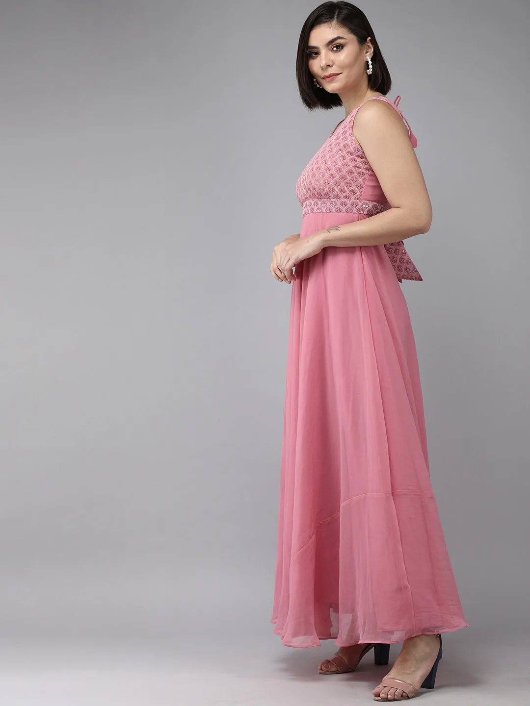 Onion Pink Geogette Sequence Embellished Maxi Dress