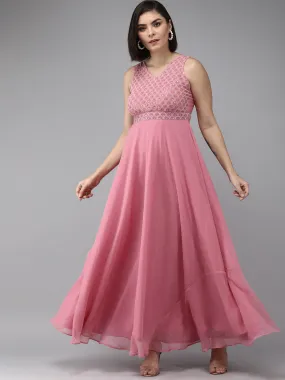 Onion Pink Geogette Sequence Embellished Maxi Dress