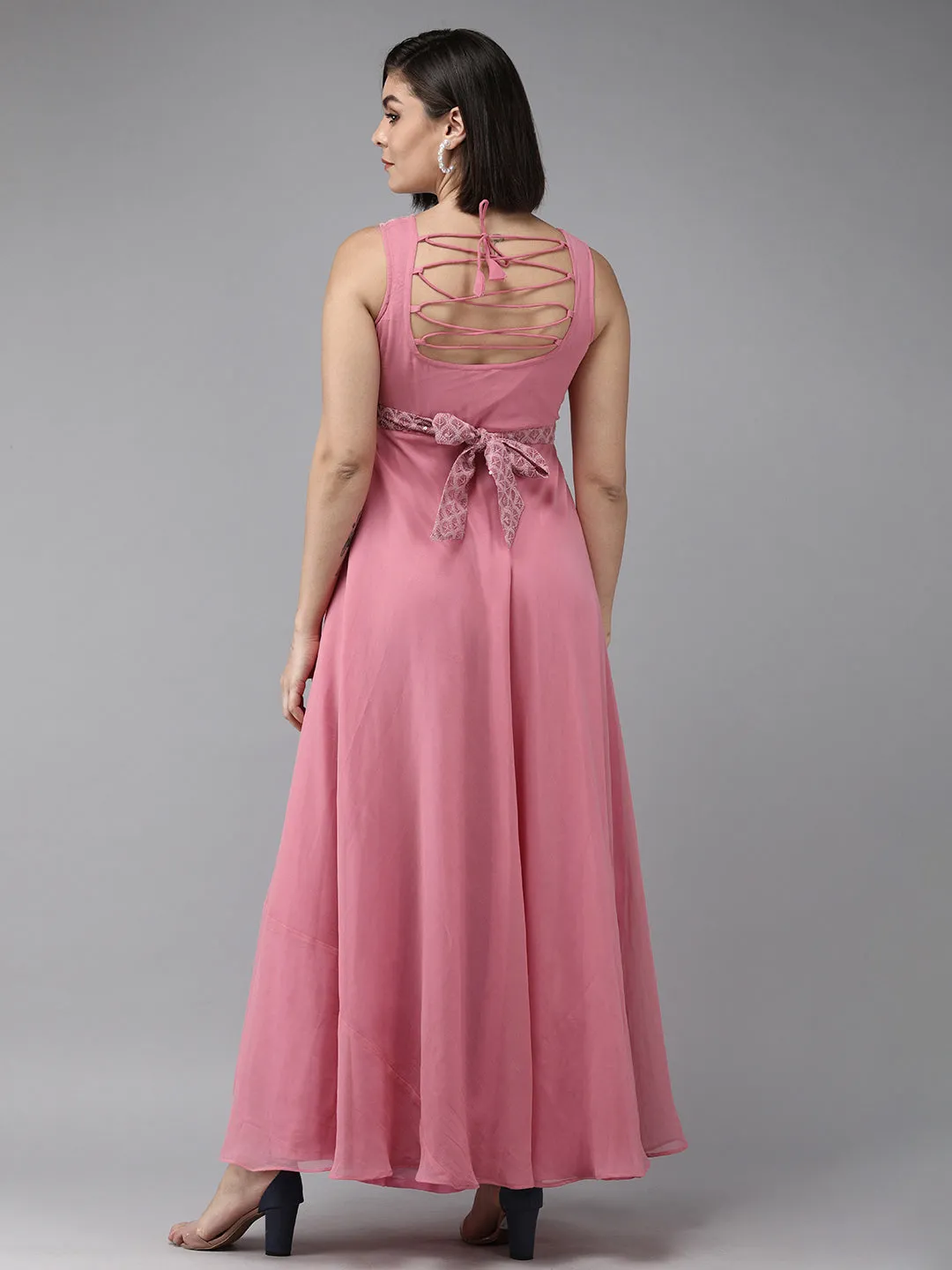 Onion Pink Geogette Sequence Embellished Maxi Dress