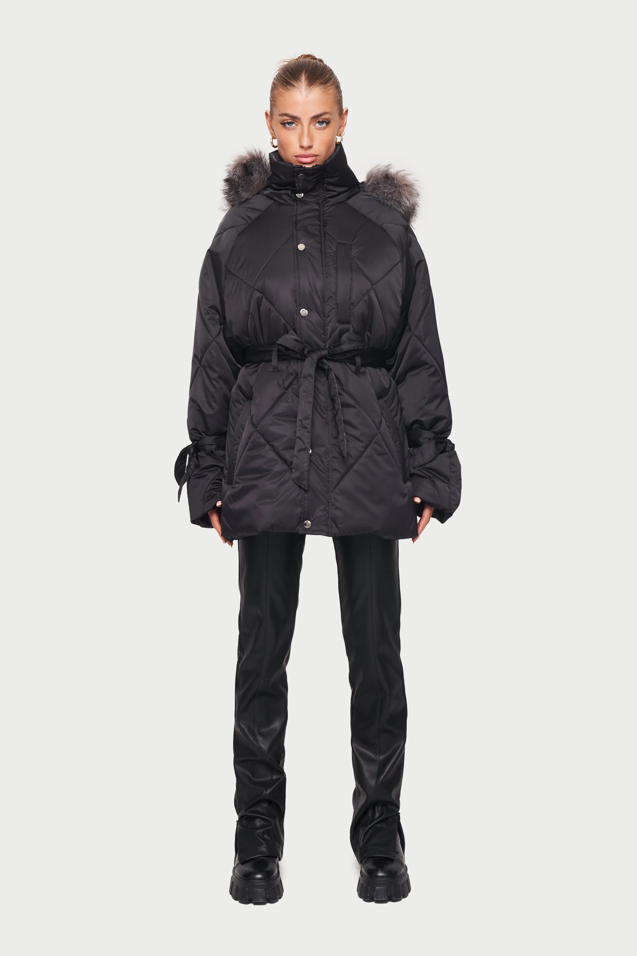 OVERSIZE FUR HOODED PARKA JACKET - BLACK *