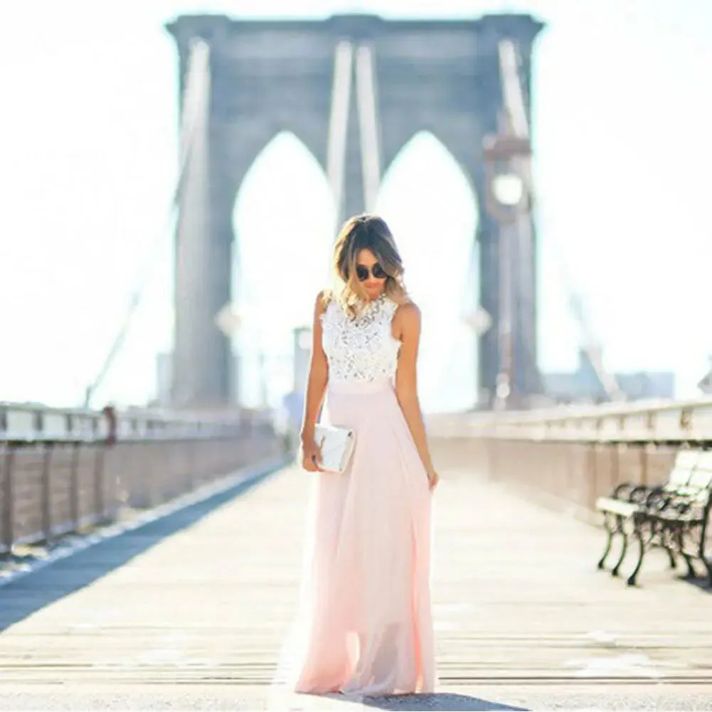 Party Cocktail Wedding Bridesmaid Pink Sleeveless Casual Lace Maxi Formal Dress