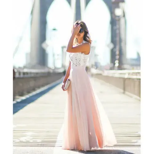 Party Cocktail Wedding Bridesmaid Pink Sleeveless Casual Lace Maxi Formal Dress