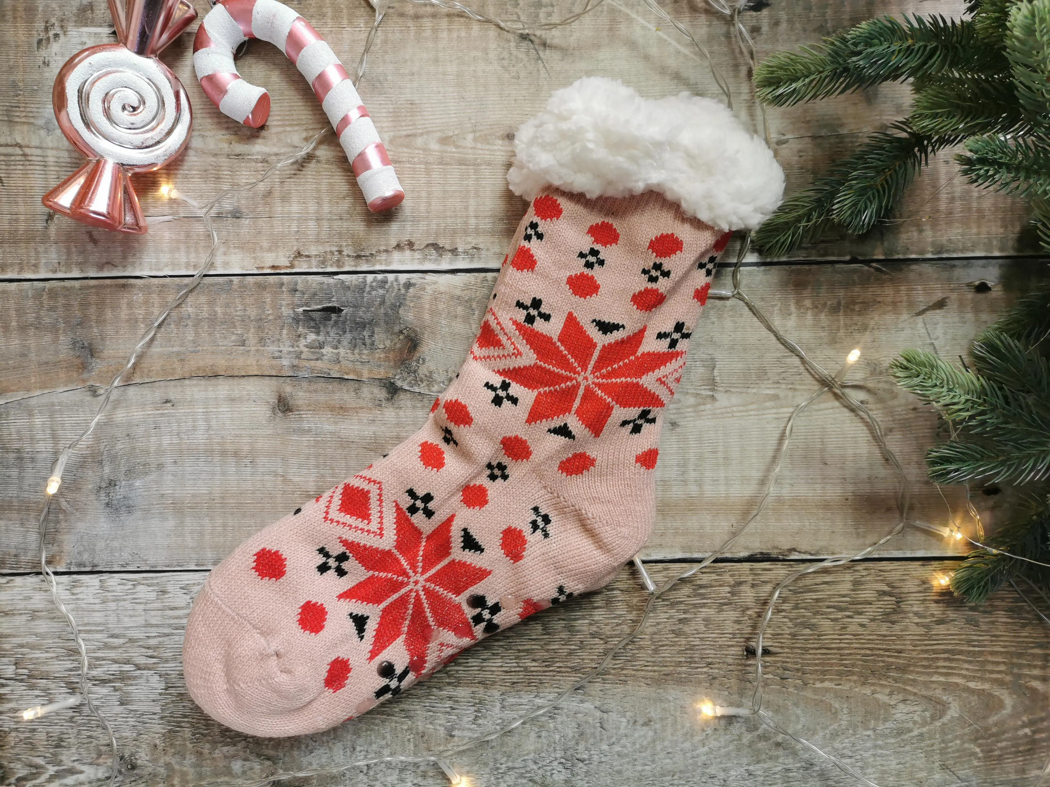 Pink Snowflake Fleece Lined Chunky Knit Slipper Socks