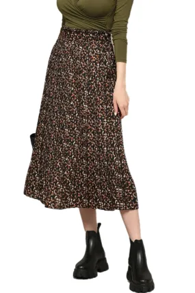 Pleated Midi Skirt Style 2383 in Black Orange print