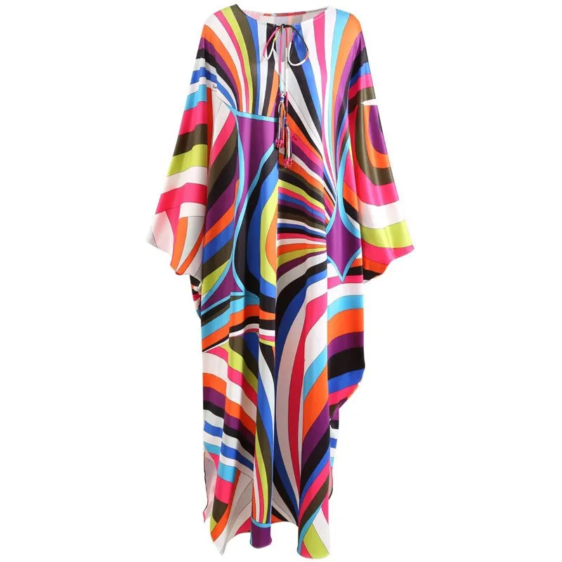 Pre Order:  Colorful Striped Beaded Bat Sleeve Maxi Dress