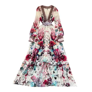 Pre Order:  Floral Chiffon Mesh Deep V A-Line Maxi Dress