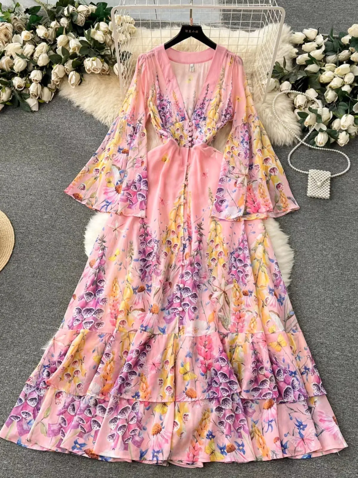 Pre Order:  Floral Chiffon Mesh Deep V A-Line Maxi Dress