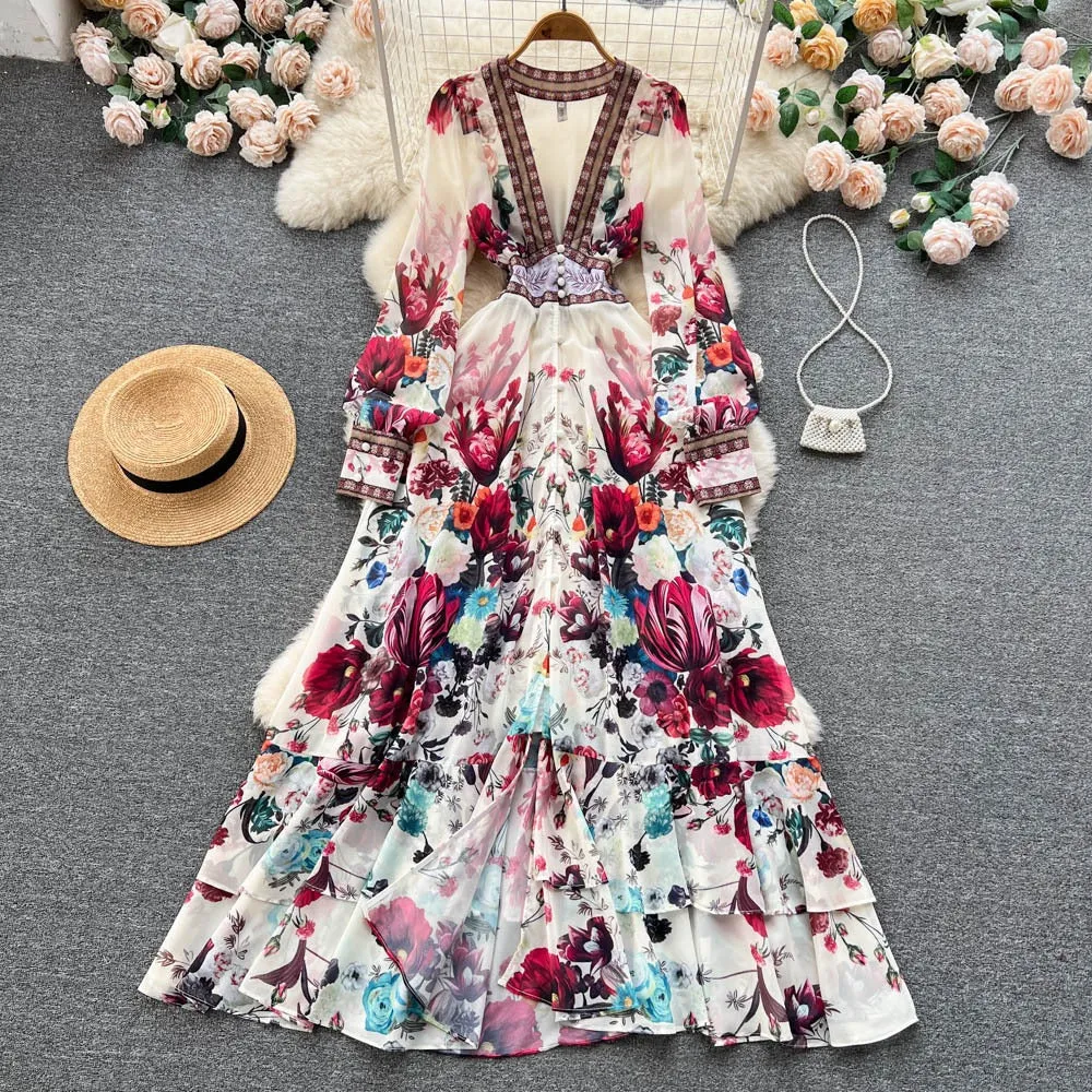 Pre Order:  Floral Chiffon Mesh Deep V A-Line Maxi Dress