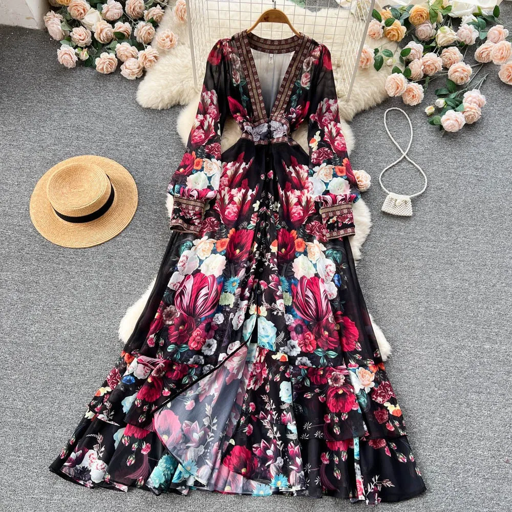 Pre Order:  Floral Chiffon Mesh Deep V A-Line Maxi Dress