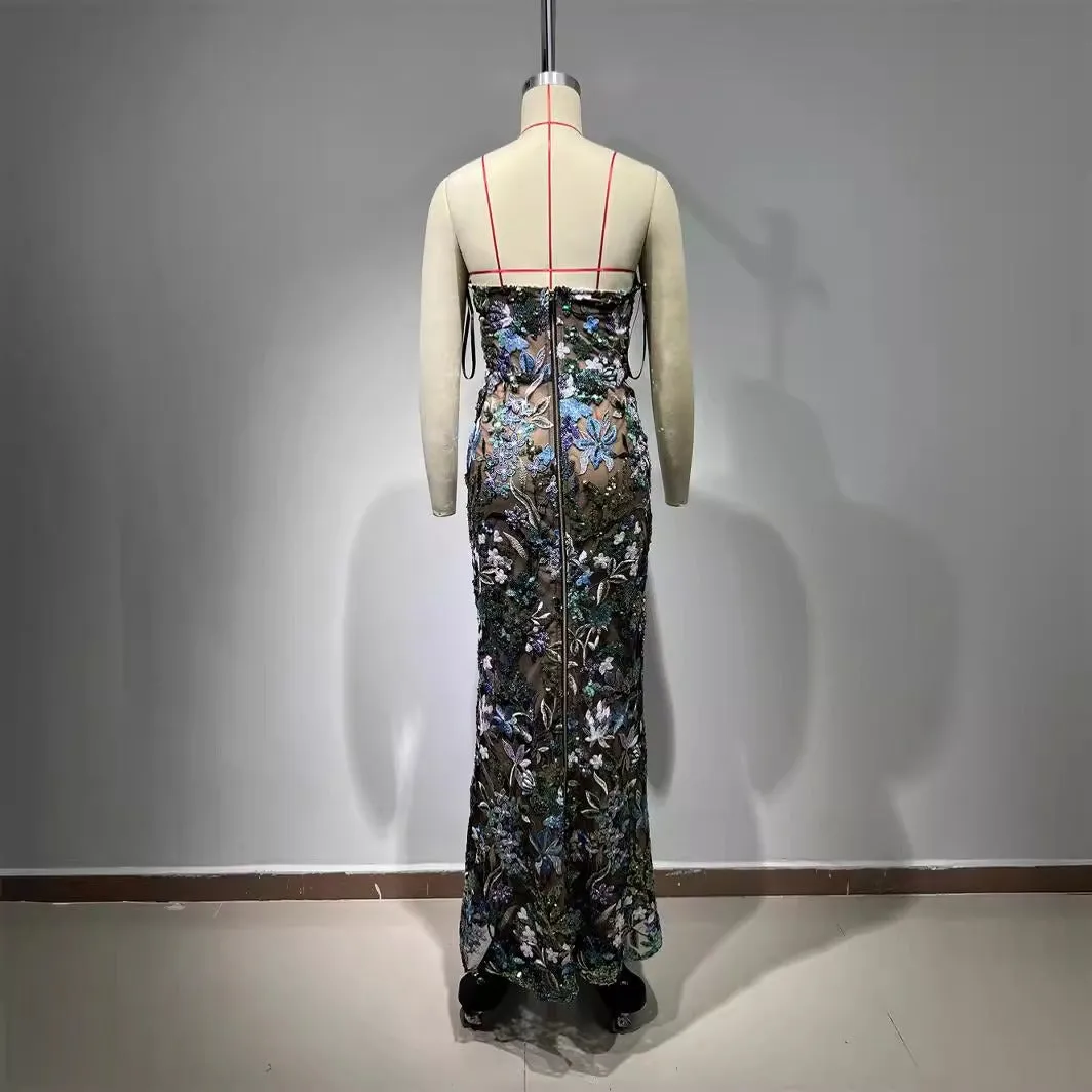 Pre Order:  Sequined Blue Embroidered Floral Tube Backless Dress