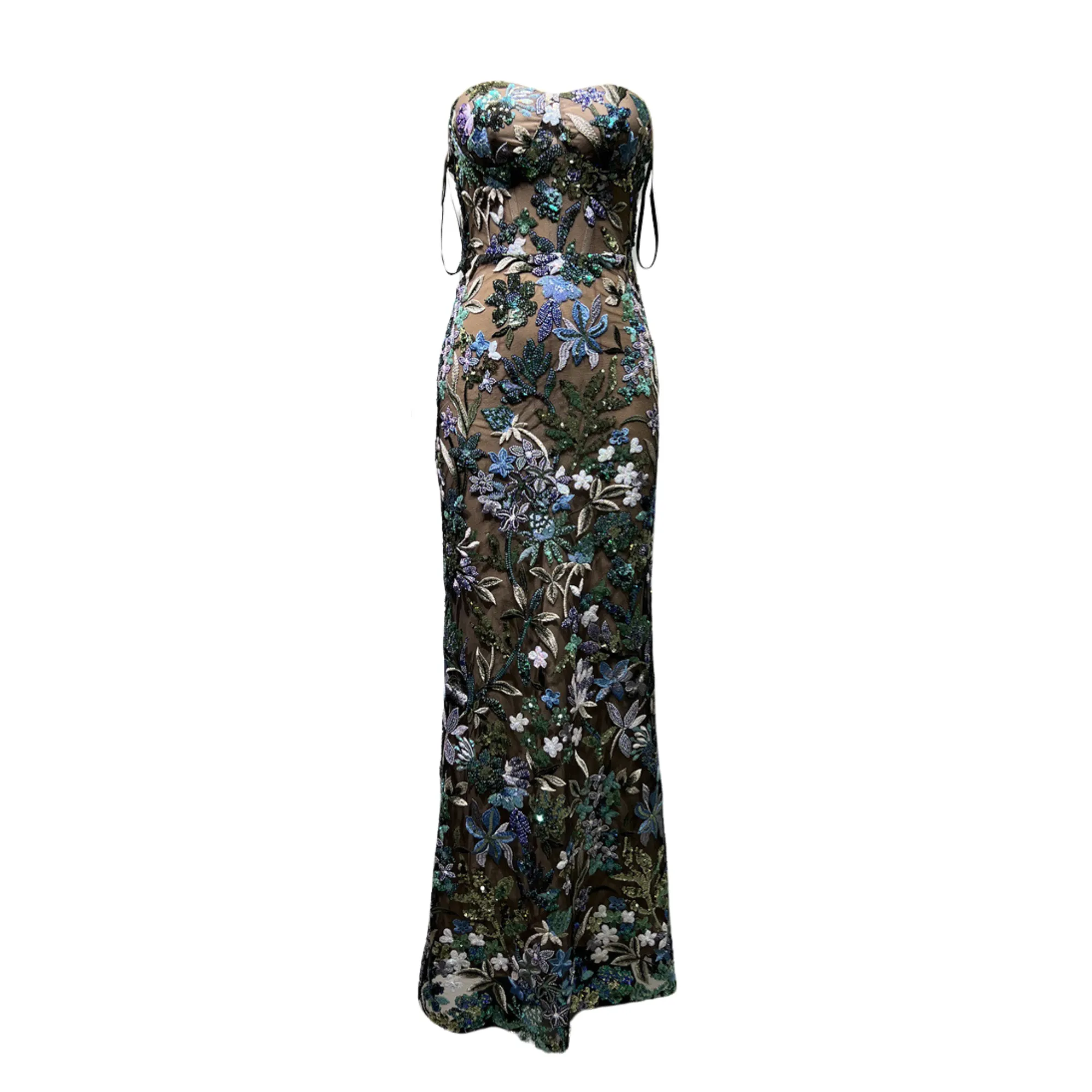 Pre Order:  Sequined Blue Embroidered Floral Tube Backless Dress