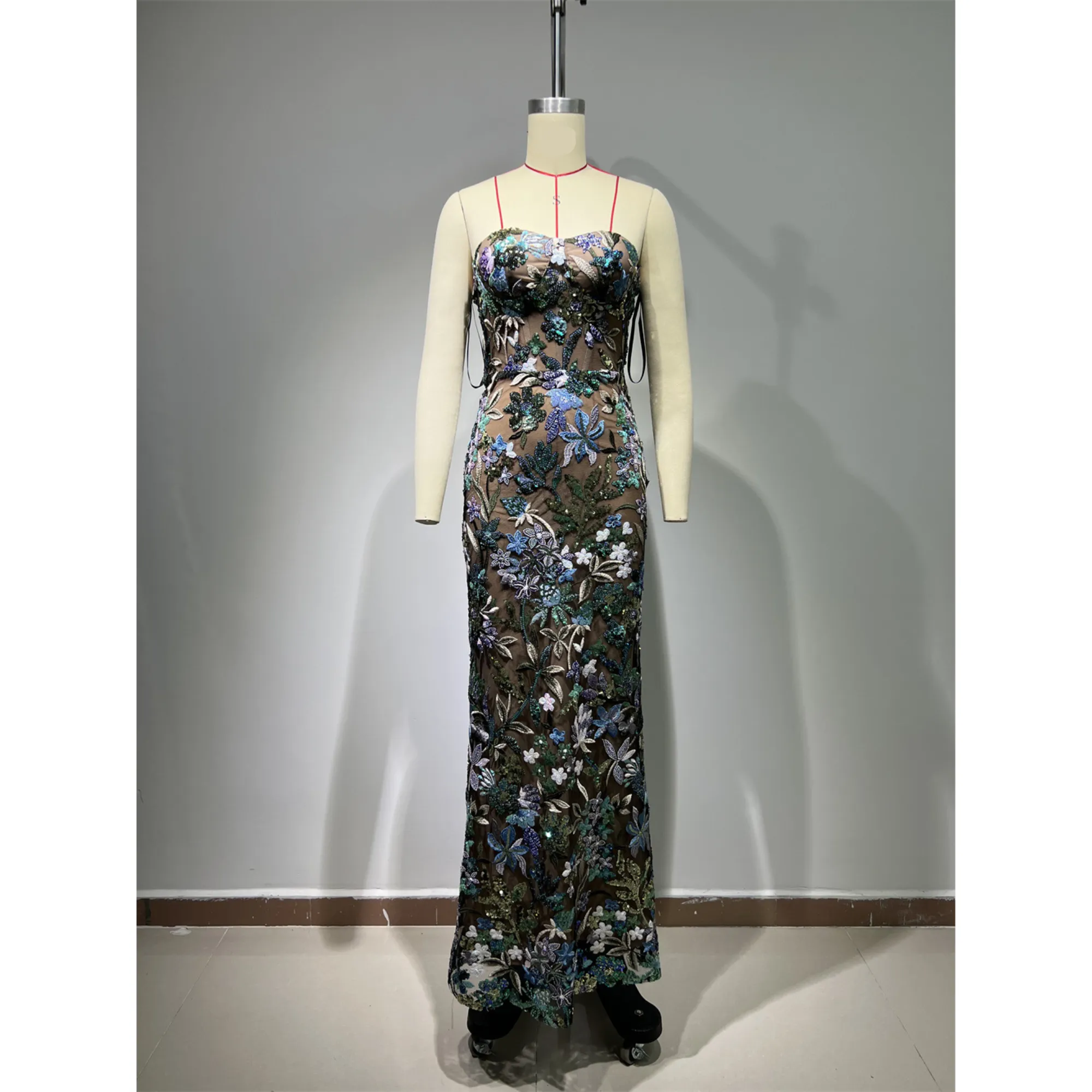 Pre Order:  Sequined Blue Embroidered Floral Tube Backless Dress