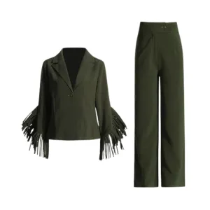 Pre Order:  Splicing Tassel Blazer   High Waist Straight Leg Pants Set