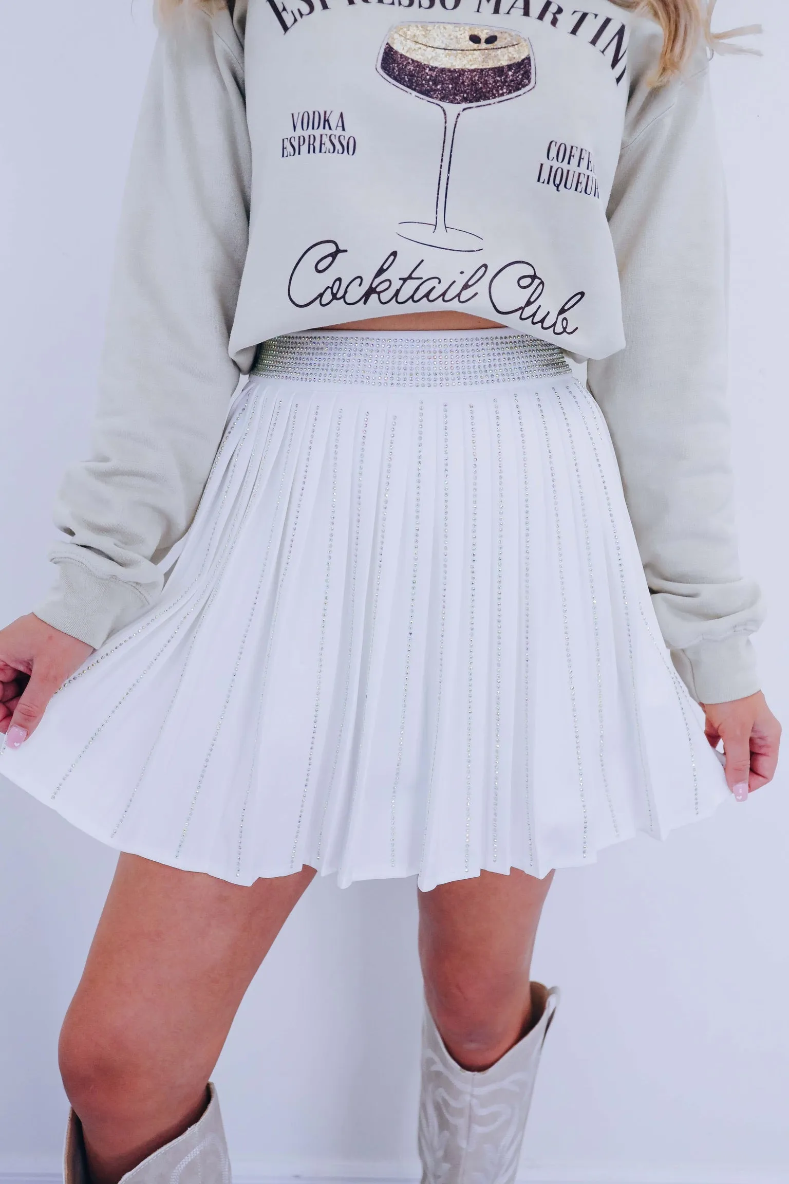 Pretty Please Pleated Rhinestone Skirt - White