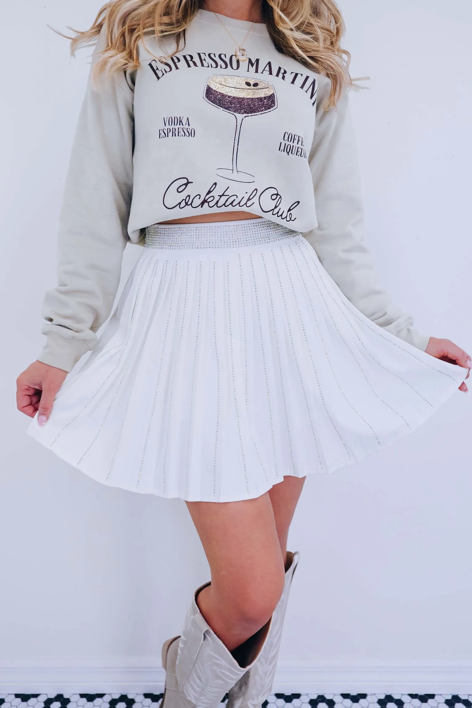 Pretty Please Pleated Rhinestone Skirt - White