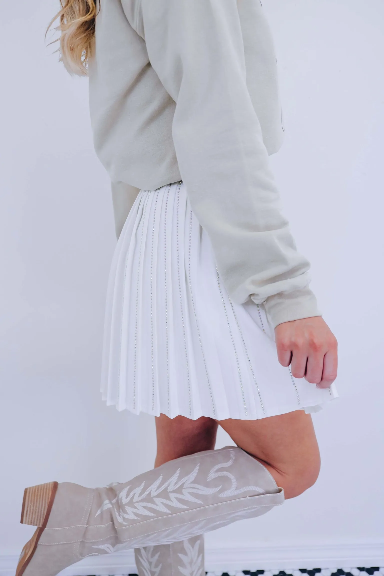 Pretty Please Pleated Rhinestone Skirt - White