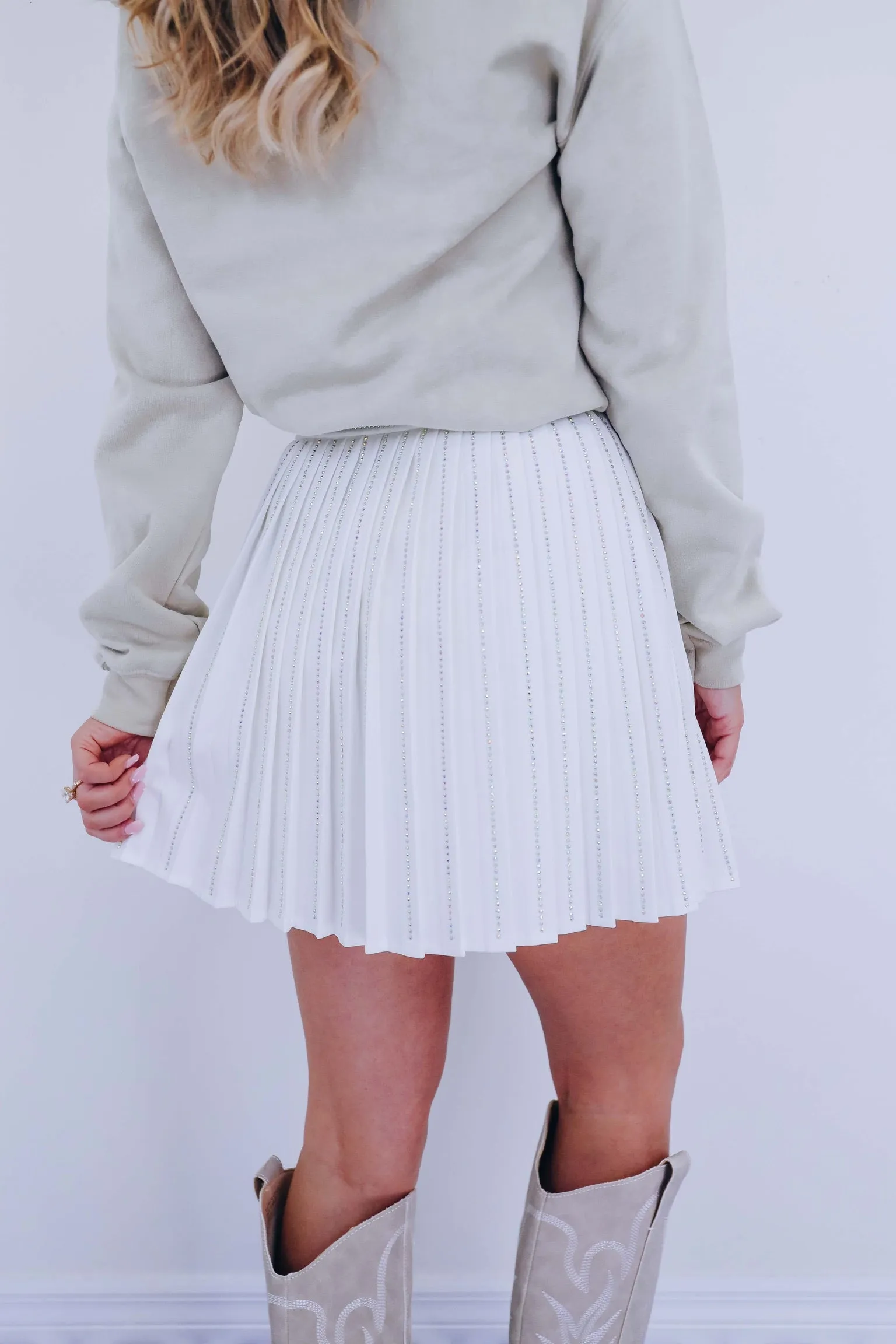 Pretty Please Pleated Rhinestone Skirt - White