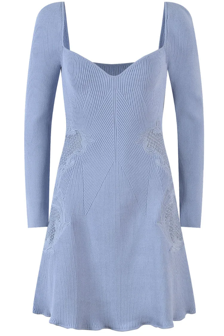 Pretty Sweetheart Long Sleeve Lace Trim Cashmere Sweater Mini Dress - Blue