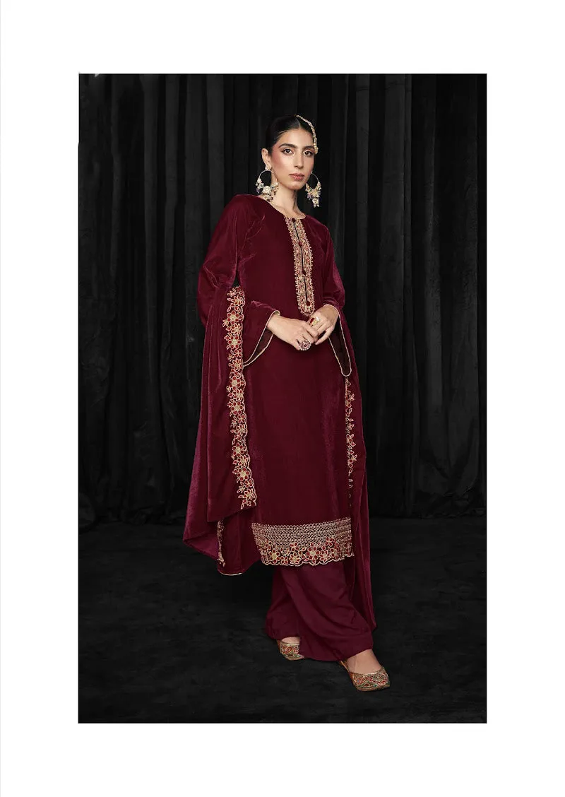 Pure Soft Velvet Unstitched Maroon Winter Salwar Suit for Women