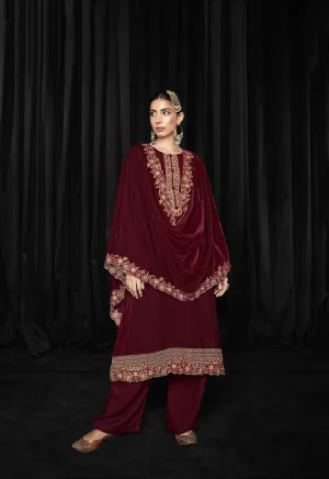 Pure Soft Velvet Unstitched Maroon Winter Salwar Suit for Women