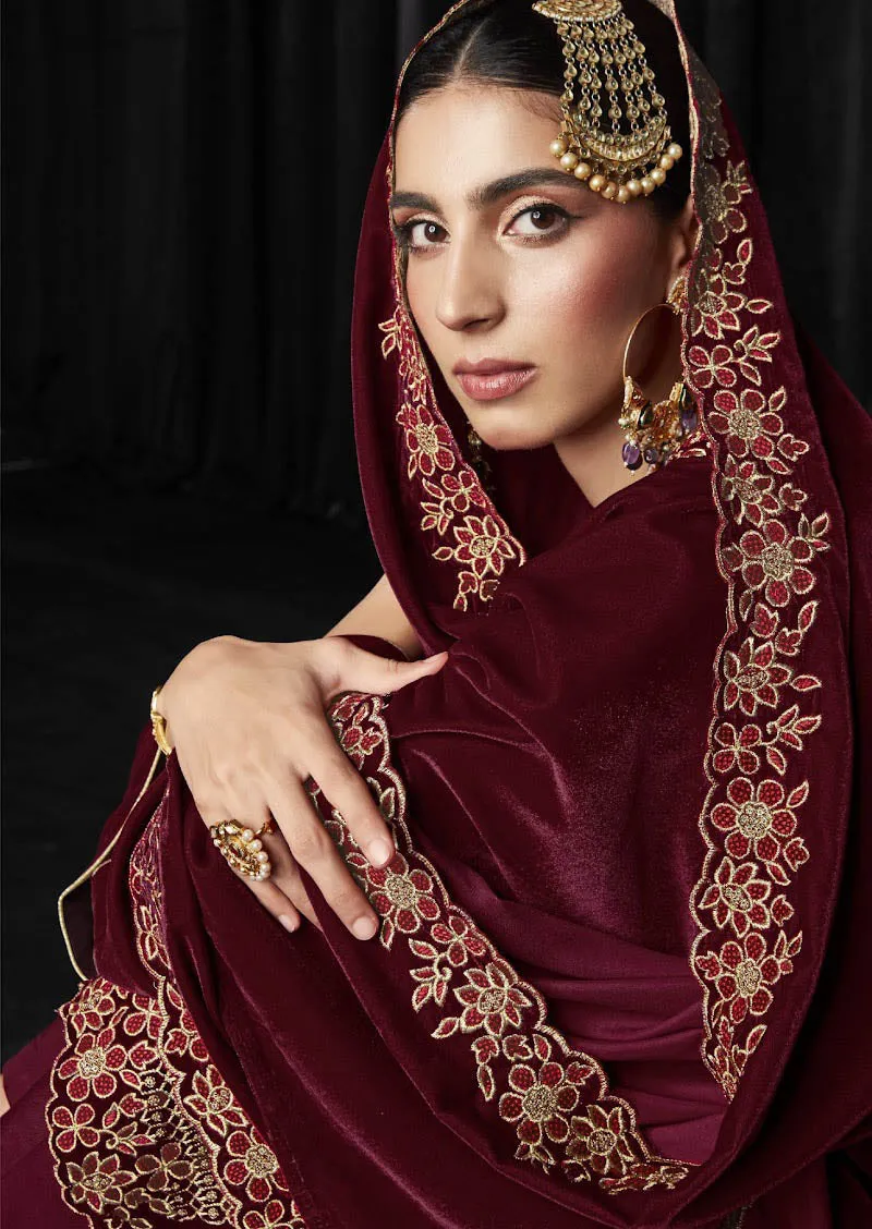 Pure Soft Velvet Unstitched Maroon Winter Salwar Suit for Women