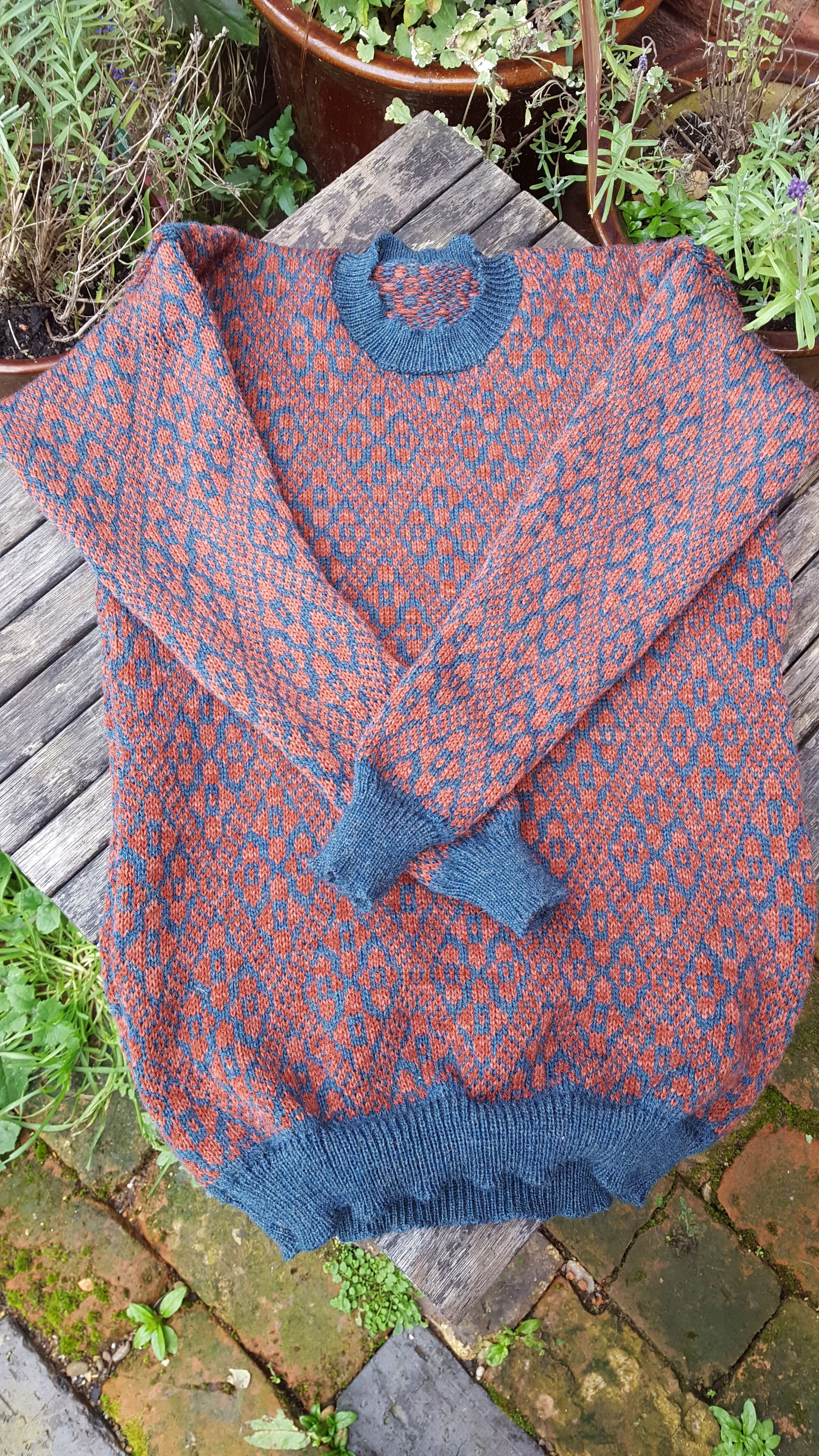 "Fergus" a"Boyfriend Jumper" all over fair isle pattern, unisex jumper in rust and teal