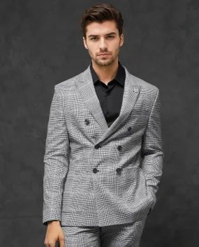 Rare Rabbit Men's Savyy Grey Polyester Viscose Fabric Peak Lapel Button Closure Double Breasted Houndstooth Check Suits