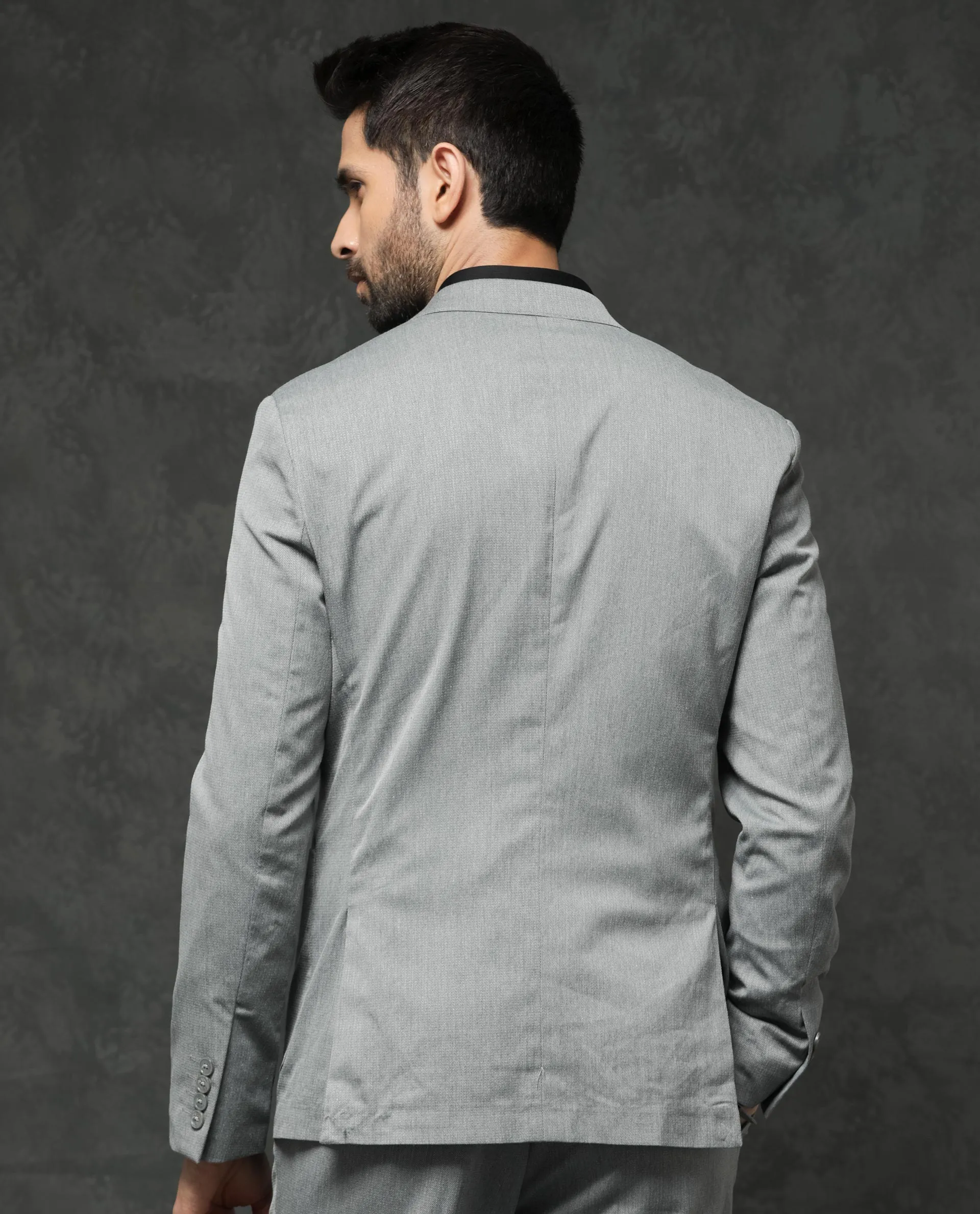 Rare Rabbit Men's Zanza Grey Polyester Viscose Fabric Notch Lapel Button Closure Single Breasted Textured Suits