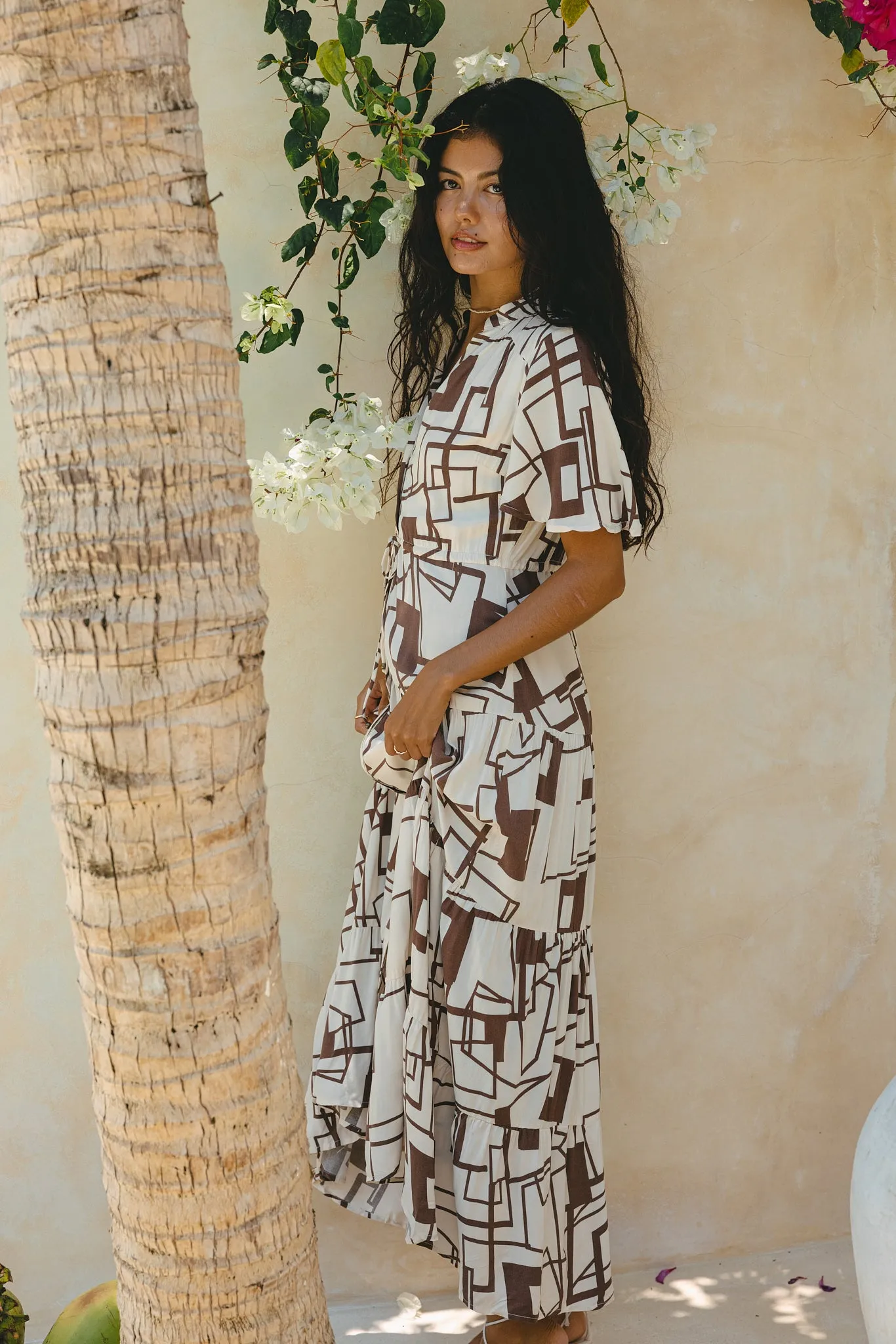 Raven Brown Geometric Button Down Tiered Midi Dress