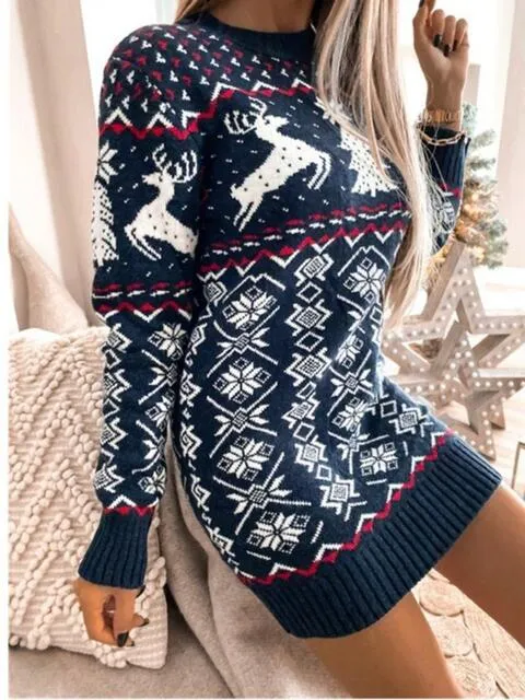 REINDEER ROUND NECK SWEATER DRESS