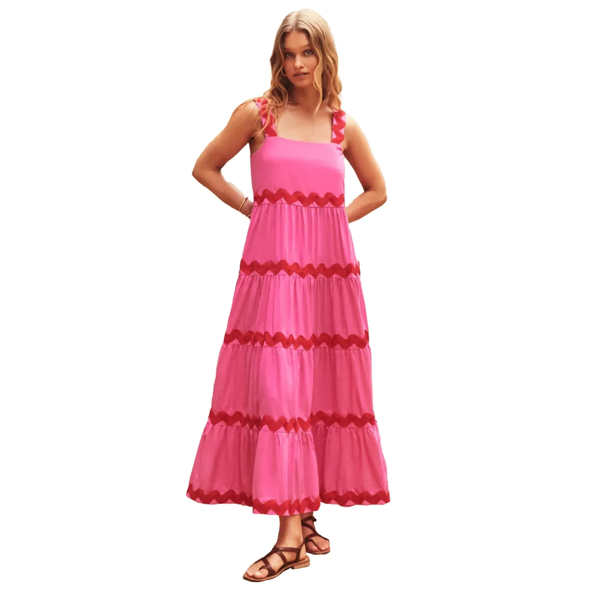 Retro Long Dress with Ripple Print - Women's A-Line Maxi Dress for Holidays