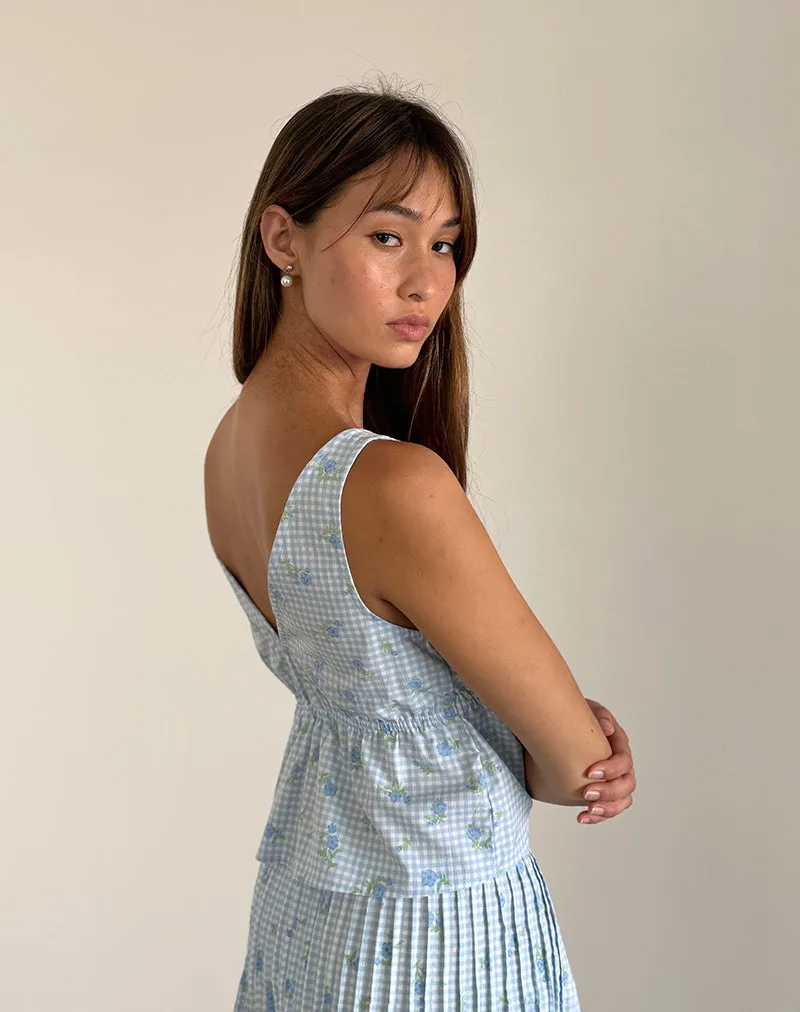 Rolia Cami Top in Blue Flower Gingham