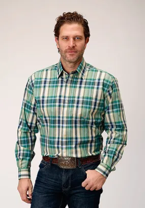 Roper Apparel Green/Blue/Cream Plaid Button-Down Shirt for Men