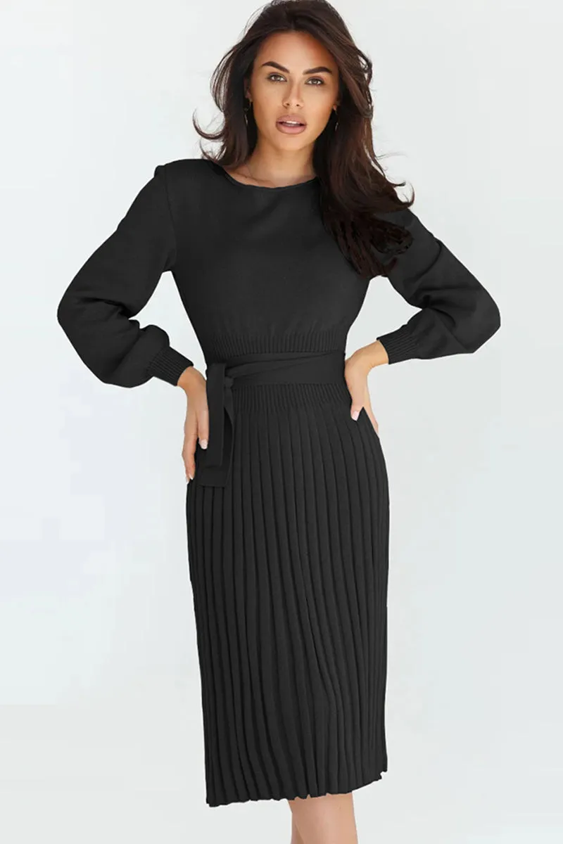 Round Neck Long Sleeve Pleated Sweater Dress