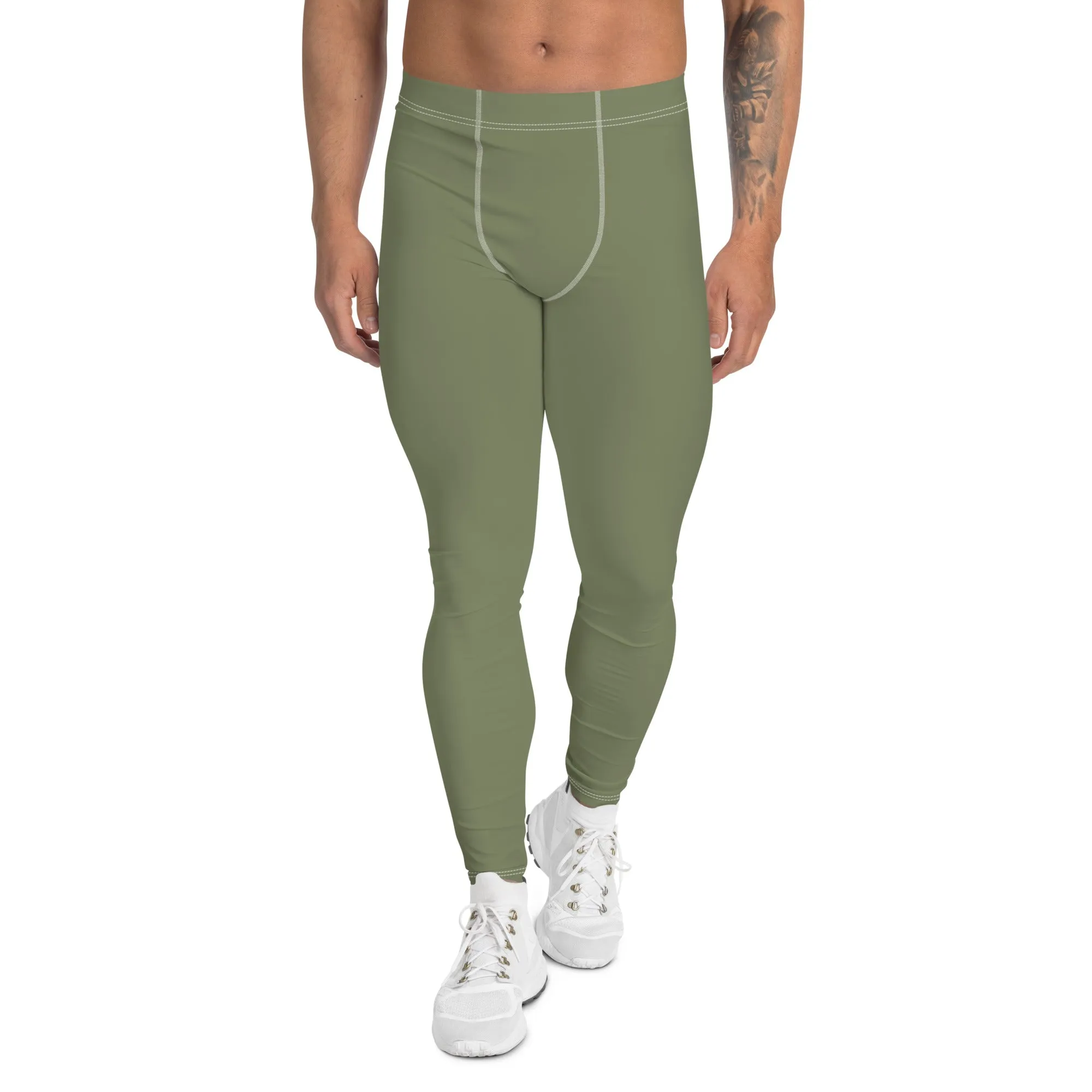 Sage Green Solid Men's Leggings, Solid Green Pastel Color Men's Running Sports Gym Tights